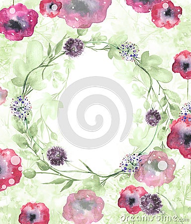 Watercolor seamless background floral pattern. grass and plant flowers, burdock, thistle, alga, wild herbs. Floral pattern Cartoon Illustration