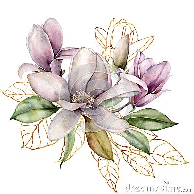 Watercolor bouquet with golden branch, magnolias and leaves. Hand painted floral card with flowers isolated on white Cartoon Illustration