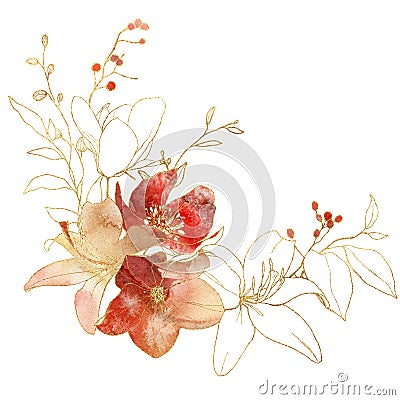 Watercolor bouquet of linear gold flowers. Hand painted abstract composition isolated on white background. Minimalistic Cartoon Illustration