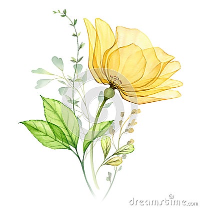 Watercolor bouquet with rose fresh green leaves. Big transparent yellow flower with tender branches. Vibrant bright Stock Photo