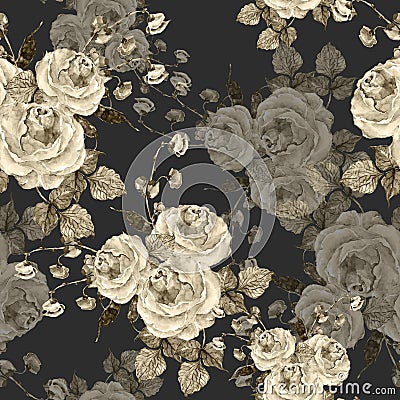 Watercolor bouquet of roses on a black background. Seamless pattern Cartoon Illustration