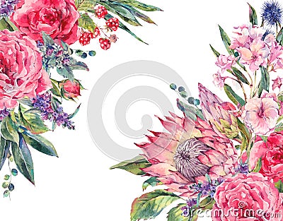 Watercolor bouquet of roses, protea and wildflowers Cartoon Illustration