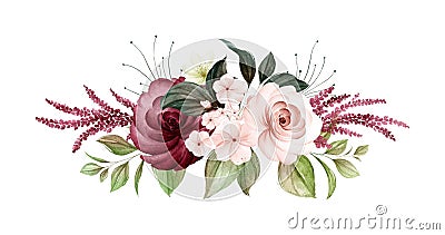 Watercolor bouquet of soft brown and burgundy roses and leaves. Botanic decoration illustration for wedding card, fabric, and logo Cartoon Illustration