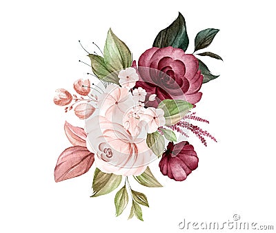 Watercolor bouquet of soft brown and burgundy roses and leaves. Botanic decoration illustration for wedding card, fabric, and logo Cartoon Illustration