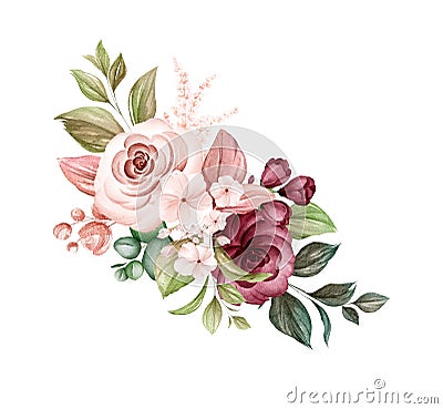 Watercolor bouquet of soft brown and burgundy roses and leaves. Botanic decoration illustration for wedding card, fabric, and logo Cartoon Illustration