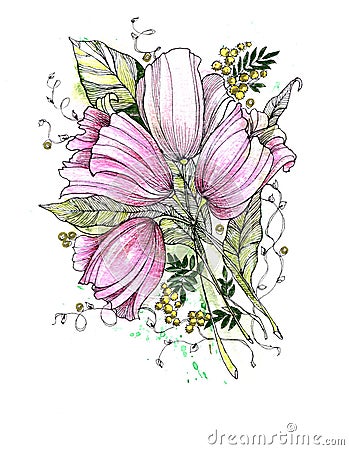 Watercolor bouquet spring flowers. Handmade illustration. Cartoon Illustration