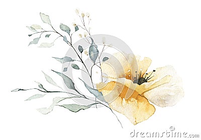 Watercolor bouquet with wild yellow poppy flower, green eucalyptus branches with turquoise, green leaves, twigs. Cartoon Illustration