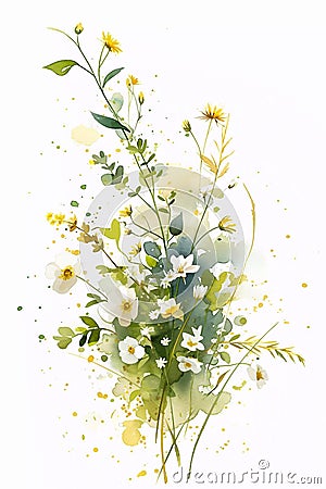Watercolor bouquet of wildflowers. Printable minimalistic botanical artwork, neutral floral wall art, green herbs isolated on Stock Photo