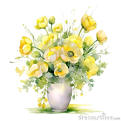 Watercolor bouquet of yellow buttercups in a vase Stock Photo