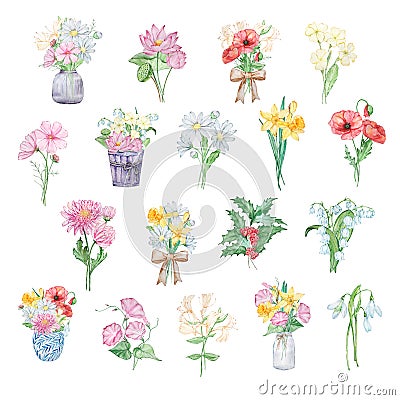 Watercolor bouquets of birth month flower Stock Photo