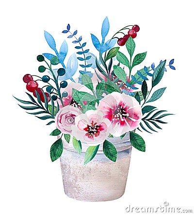Watercolor bouquets of flowers in pot. Rustic Stock Photo