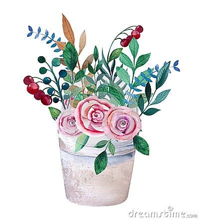 Watercolor bouquets of flowers in pot. Rustic Stock Photo