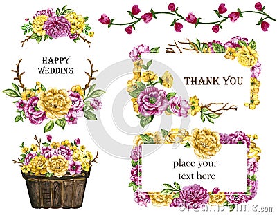 Watercolor bouquets of flowers Yellow and Pink wreath frame set Stock Photo