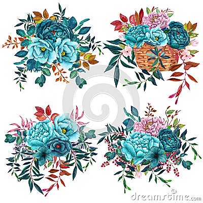 Watercolor Bouquets with teal flowers isolated on white background Stock Photo
