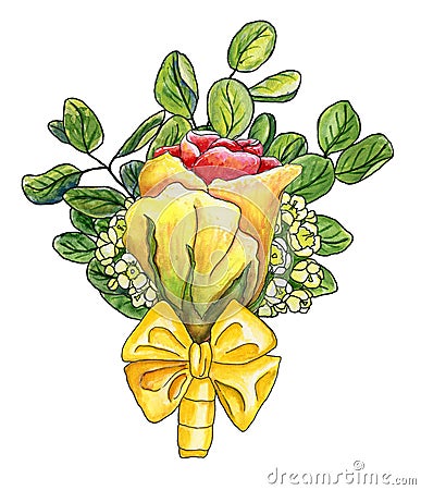 Watercolor boutonniere with yellow-red rose, waxflower, twigs o Stock Photo