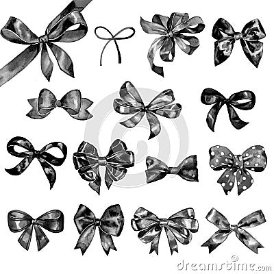 Watercolor bow big set. Different black bows and ribbons for holidays, greeting, celebration as Christmas, birthday Stock Photo