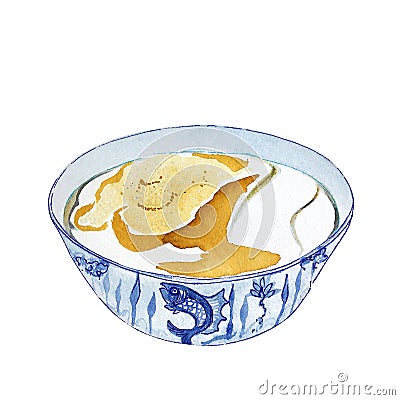 Watercolor bowl of Hong Kong dessert Hot Tofu, Soy Bean Curd with brown yellow sugar on top Stock Photo