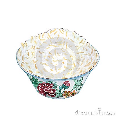 Watercolor bowl of rice isolated on white background Stock Photo