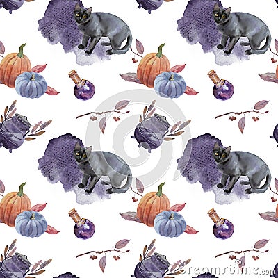 Watercolor bowler, cat, flask and pumpkins seamless pattern on white background Stock Photo