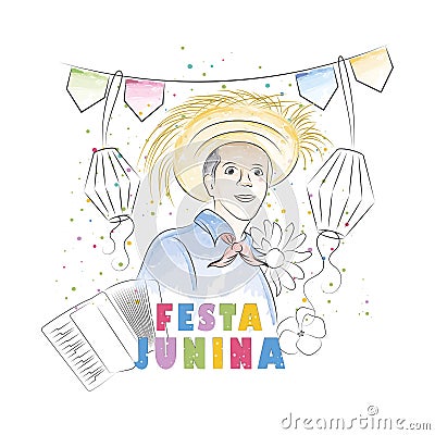 Watercolor boy cartoon with summer hat and ornaments Festa Junina Poster Vector Cartoon Illustration