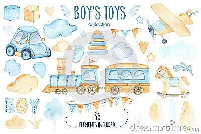 Watercolor boys toys baby shower set with car airplane train garland and trees clouds Cartoon Illustration