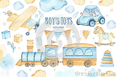 Watercolor boys toys baby shower set with car airplane train garland and trees clouds Cartoon Illustration