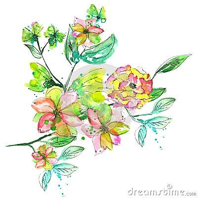 Watercolor branch with with pink, yellow and green flowers and green leaves Stock Photo