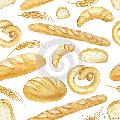 Watercolor Bread set. Hand drawn seamless pattern,background Vector Illustration