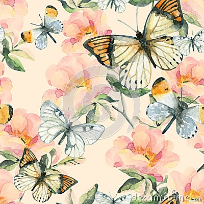 Watercolor briar flowers and butterfly seamless pattern. Dog Rose branches in vintage style Cartoon Illustration