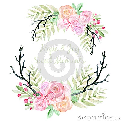 Watercolor Bridal illustration rose pastel pink Botanical leaves collection Set of ribbon garden and abstract lelements Cartoon Illustration