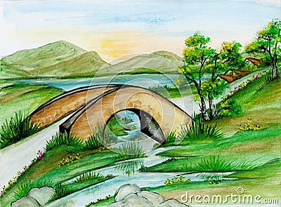 Watercolor Bridge Landscape Stock Photo