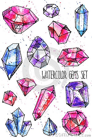 Watercolor bright hand-drawn gems set Vector Illustration