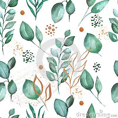 Watercolor bright leaves seamless pattern. Hand painted. Perfect for fashin, textile and wedding cards, invitations Stock Photo