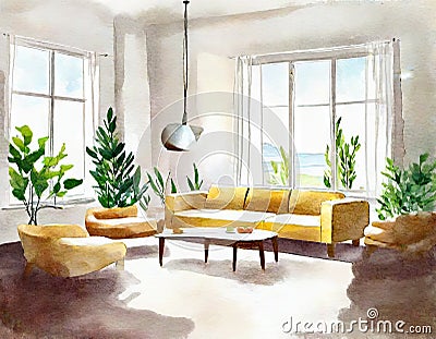 Watercolor of Bright Scandinavian living room on a sunny Stock Photo