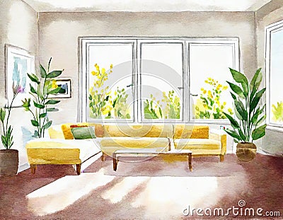 Watercolor of Bright Scandinavian living room on a sunny Stock Photo