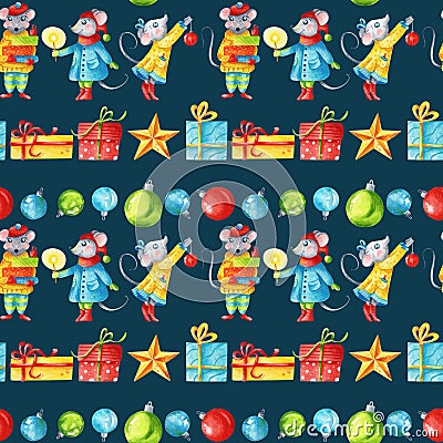 Watercolor Christmas seamless pattern with mice and presents on a dark backdrop Stock Photo