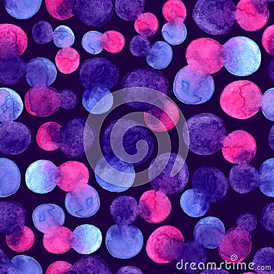 Watercolor bright spot blob seamless pattern. Violet, blue and pink color on dark background. Art brush abstract Stock Photo