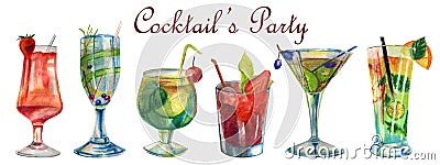 Watercolor summer illustration. Set of summer cocktails Cartoon Illustration