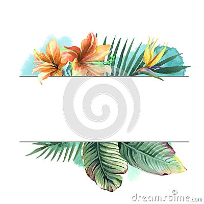 Watercolor bright tropical flowers with green palm leaf with paint splash. Tropic floral border Stock Photo