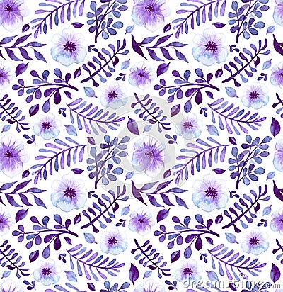 Watercolor Bright Violet Flowers And Leaves Seamless Pattern Stock Photo