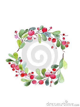 watercolor bright wreath with red berries Stock Photo