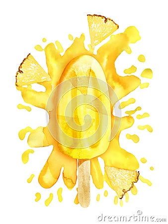Watercolor bright yellow pineapple popsicle on paint splash Cartoon Illustration