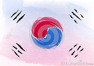 Watercolor brush flag of South Korea officially the Republic of Korea is a sovereign state in East Asia, yin yang symbol Vector Illustration