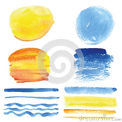 Watercolor brushes, circle frame.Cyan,yellow.Summer Vector Illustration