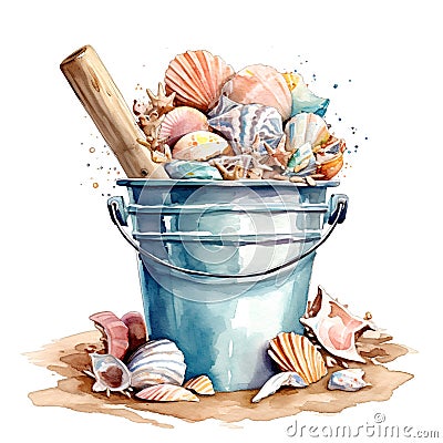 Watercolor bucket full of seashells. Hand drawn illustration isolated on white background Cartoon Illustration