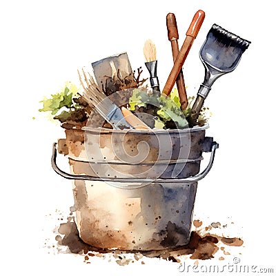 Watercolor bucket with gardening tools. Hand drawn illustration on white background Cartoon Illustration