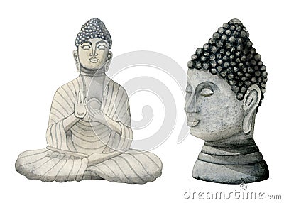 Watercolor Buddha stone statue and head portrait hand drawn illustration set. Buddhism elements for yoga, spa Cartoon Illustration