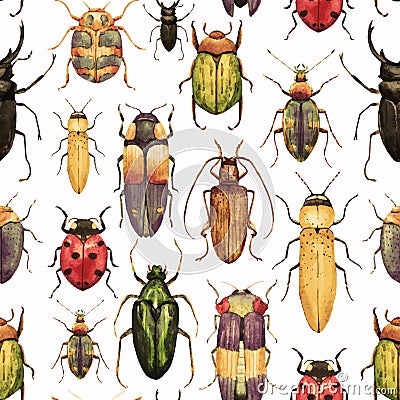 Watercolor bug beetle pattern Vector Illustration