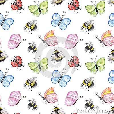 Watercolor bugs and insects seamless pattern. Cute bee, butterfly, lady bug on white background. Summer meadow illustration print Cartoon Illustration