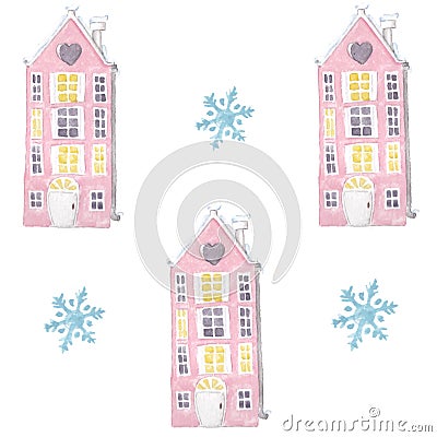 Watercolor building city with snowflakes pattern background, web design Stock Photo